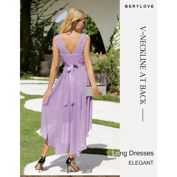 BeryLove Women Lavender Chiffon Scoop Neck Sleeveless Lace Cocktail Dress - Picture 5 of 7